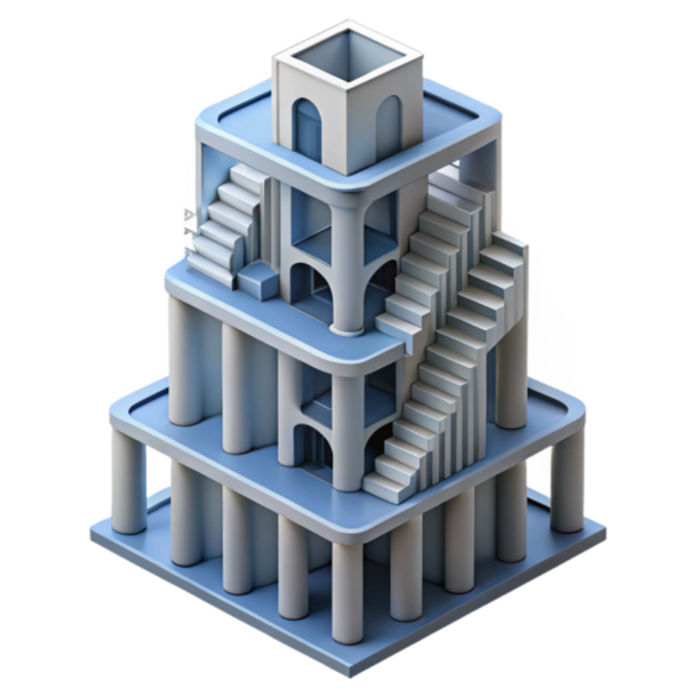 3D Render of Abstract Architectural Structure, Geometric Tower with Interlocking Stairs and Pillars png