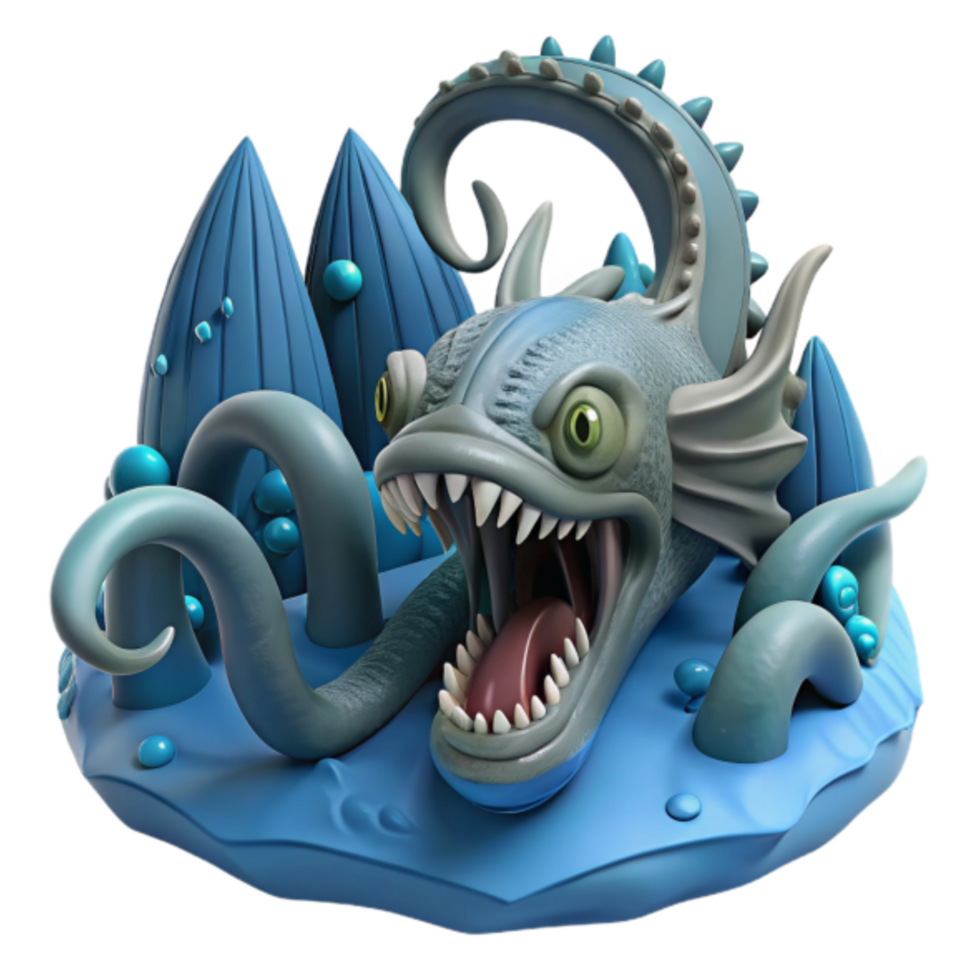 3D Render of a Cartoonish Sea Monster in a Blue Underwater Scene png