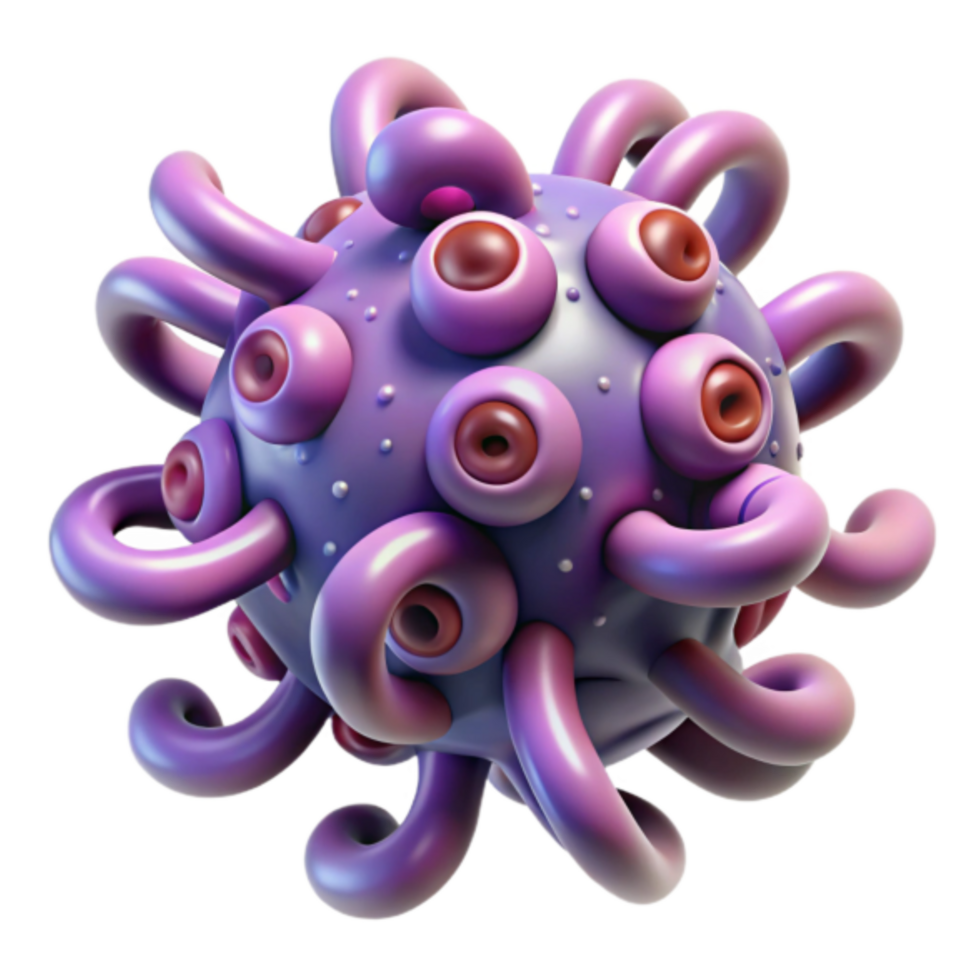 Purple 3D Render of a Cute Cartoon Virus with Tentacles png