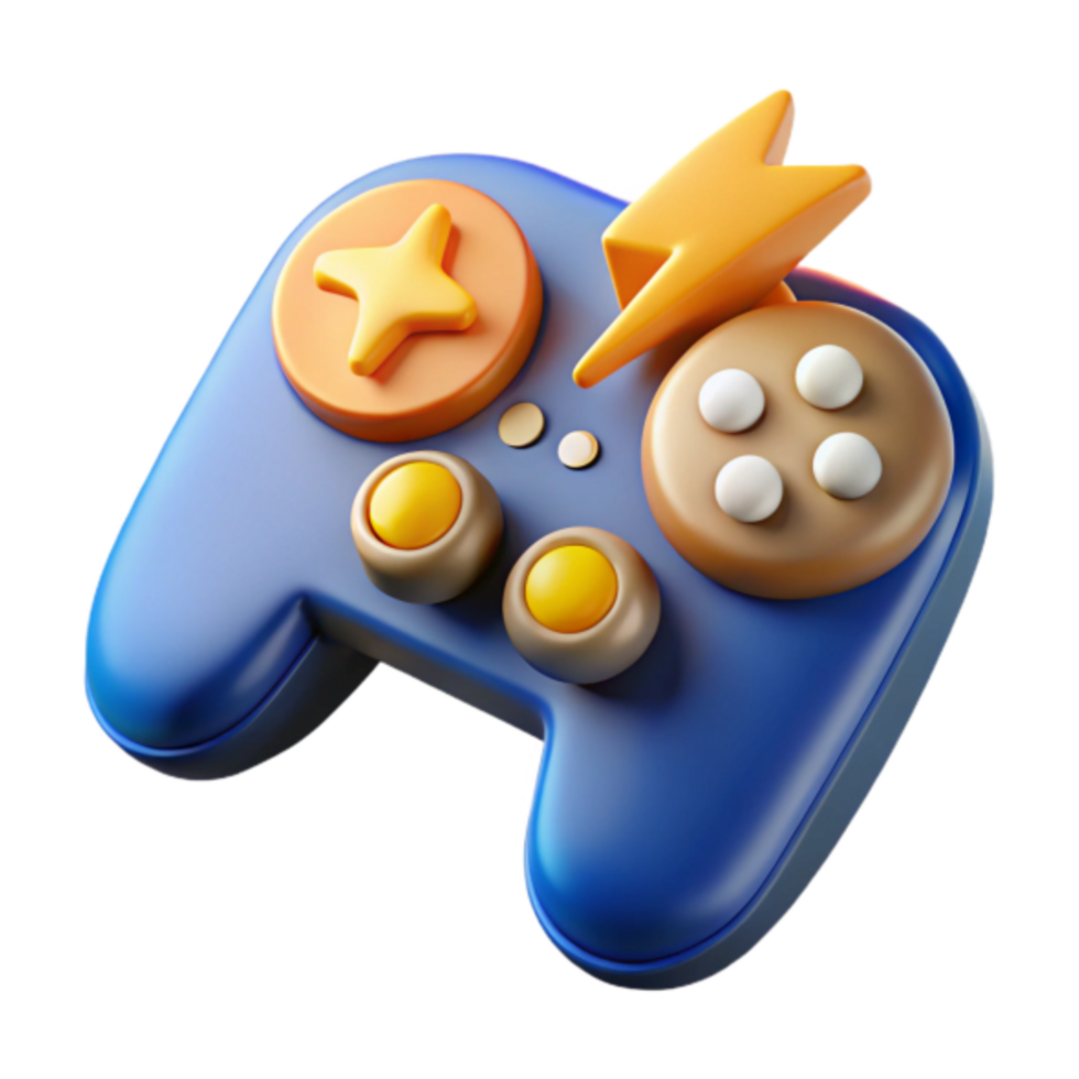 3D Render of a Blue Game Controller with Yellow and Orange Buttons, Power Lightning Bolt Icon - Gaming Joystick Illustration png