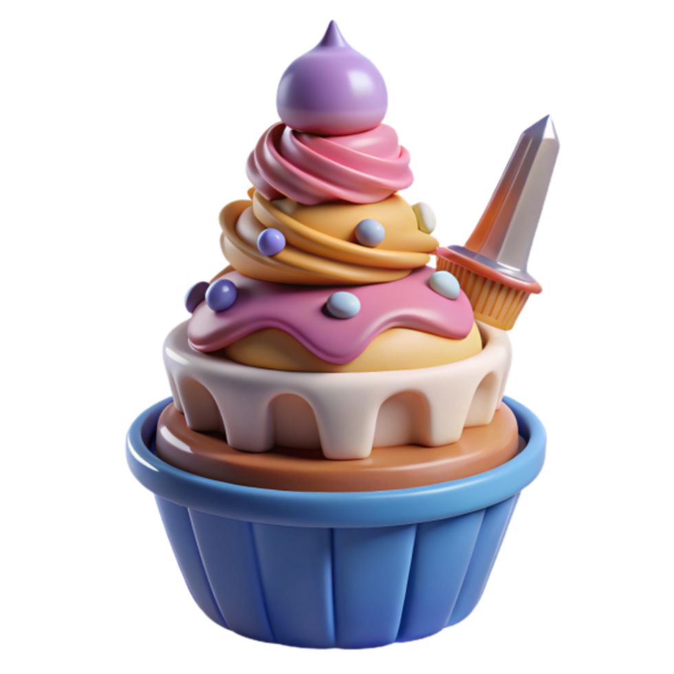 3D Render of a Multi-Layered Cupcake with Pastel Frosting and Candy Decorations png
