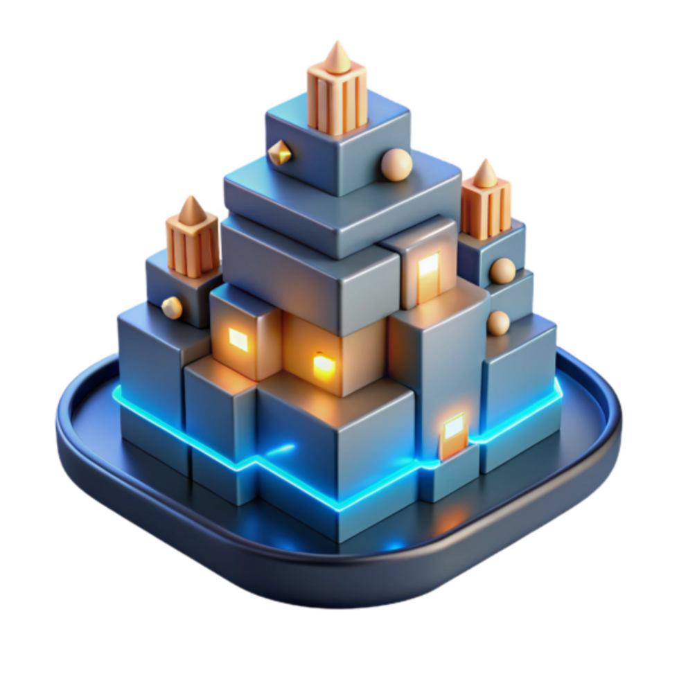 Abstract 3D Block Tower Illustration Glowing Lights Geometric Shapes Digital Art png