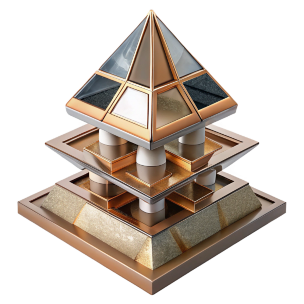 3D Render of Geometric Pagoda Architectural Model with Metallic and Glass Elements png