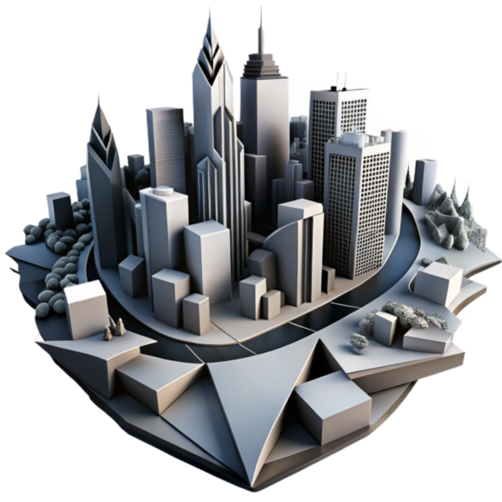 3D Model Cityscape Illustration Futuristic Urban Skyline, Architectural Design, Grey Buildings, Modern City, Elevated Viewpoint, Cityscape, Geometric Shapes, Island City, Detailed Urban Landscape png
