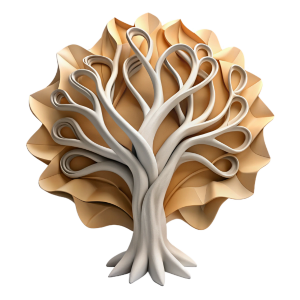 Abstract 3D Render of Stylized Tree with Intertwined Branches and Folded Leaves png