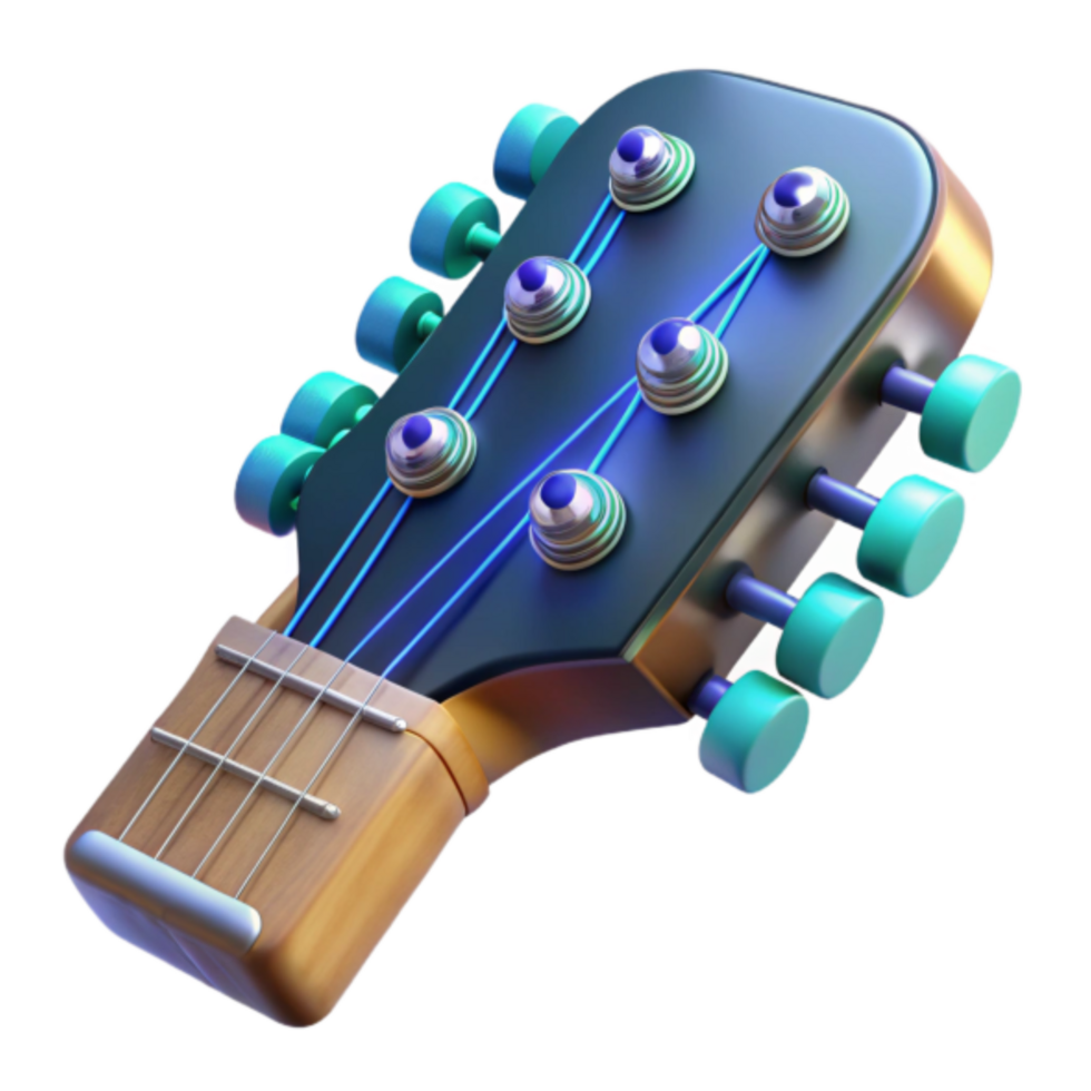 3D Render of a Stylish Guitar Headstock Illustration, Vibrant Turquoise and Dark Blue Color Scheme png