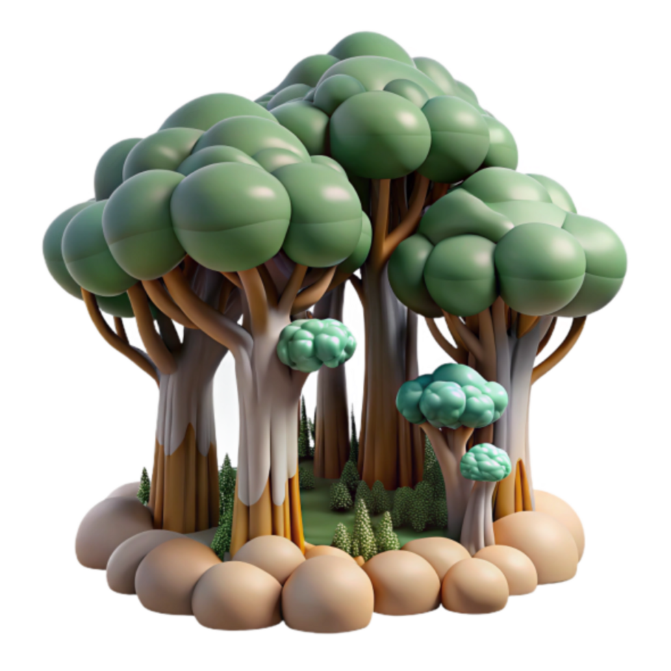 Whimsical 3D Render of a Cartoon Forest with Stylized Trees png
