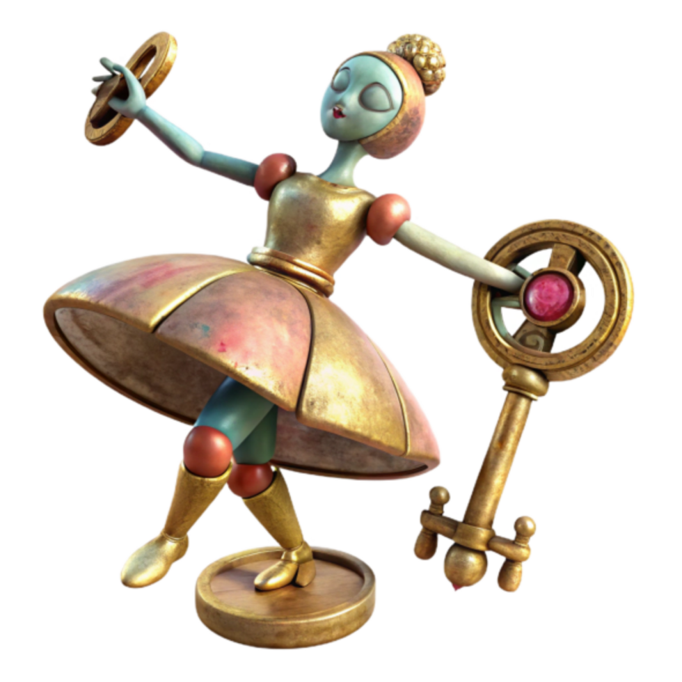 Whimsical 3D Render of Dancing Figurine with Key png
