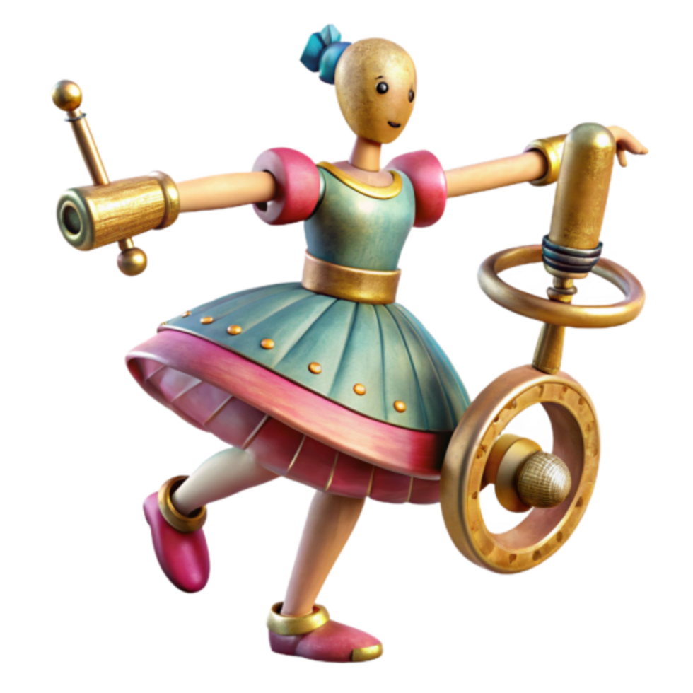 Whimsical 3D Render of a Dancing Doll with Musical Instruments png