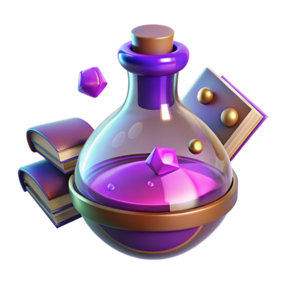 3D Render of Potion Bottle with Crystals and Books Fantasy Game Asset png