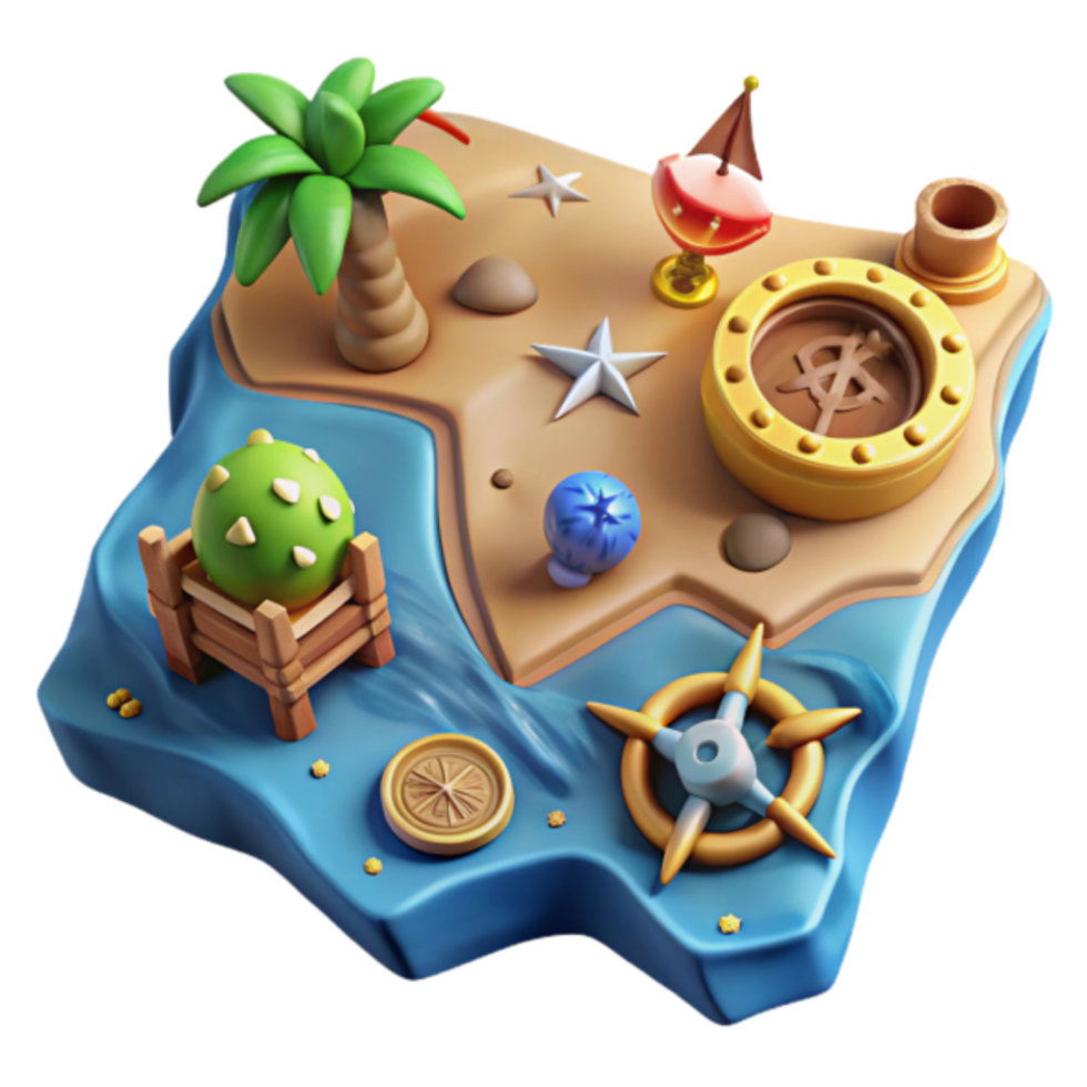 Tropical Island Paradise 3D Render Game Asset Palm Tree, Treasure, Compass, Starfish, Cactus, Ocean Scene png