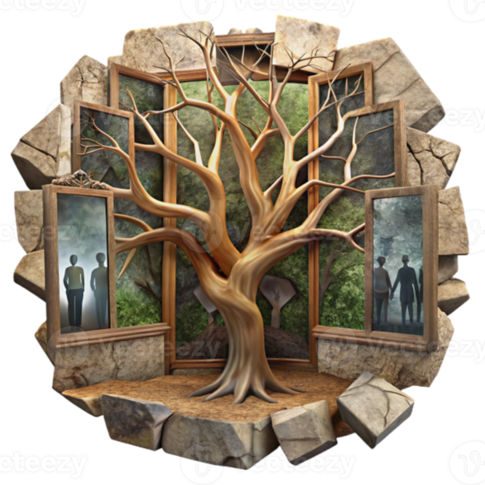 Surreal 3D Tree of Life Illustration with Shattered Frames and Figures png