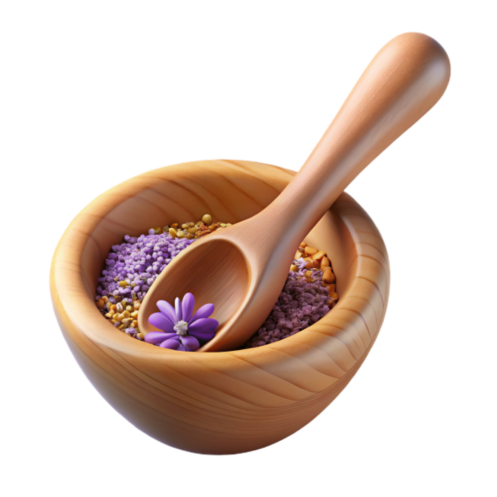 3D Render of Wooden Mortar and Pestle with Herbs and Flower png