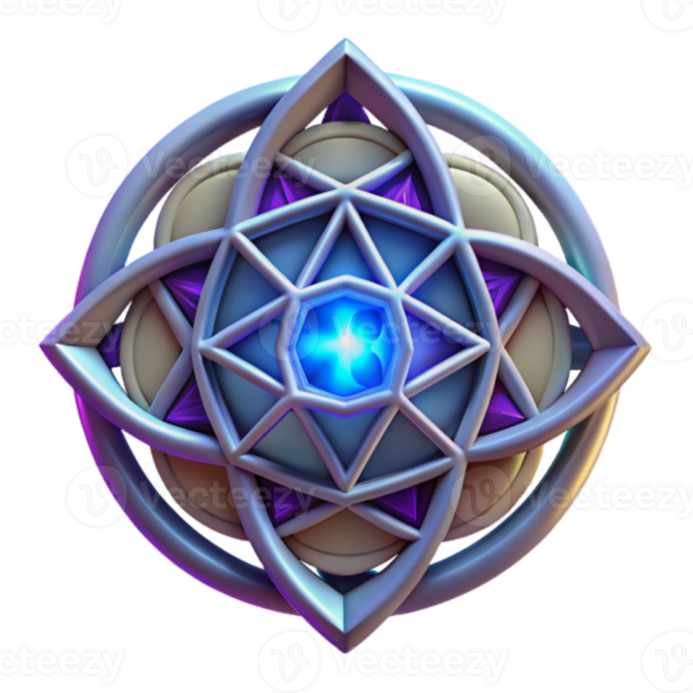 3D Render of a Mystic Geometric Ornament with Glowing Crystal Center png