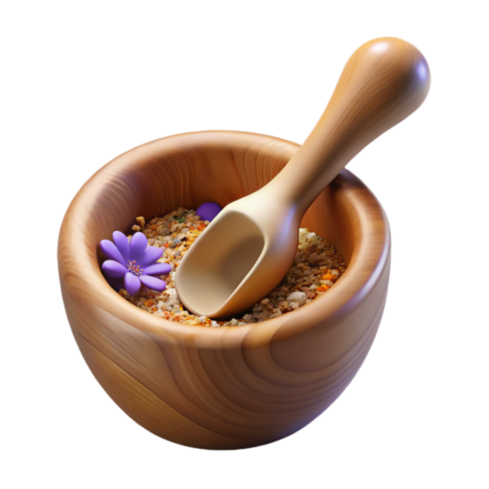 Wooden Mortar and Pestle with Spice Blend 3D Render png
