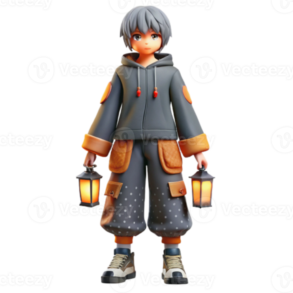 3D Render of Anime Boy with Lanterns Illustration png