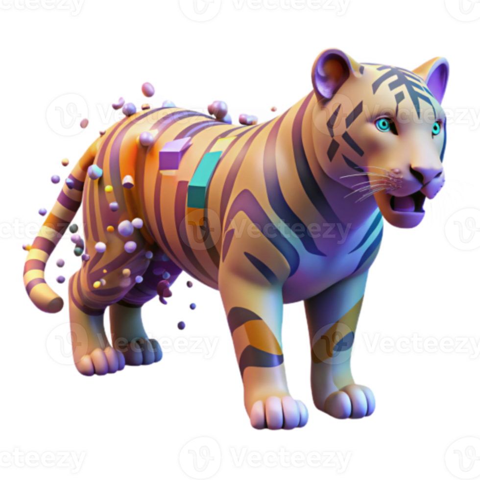 Vibrant 3D Render of a Stylized Tiger with Colorful Abstract Elements png