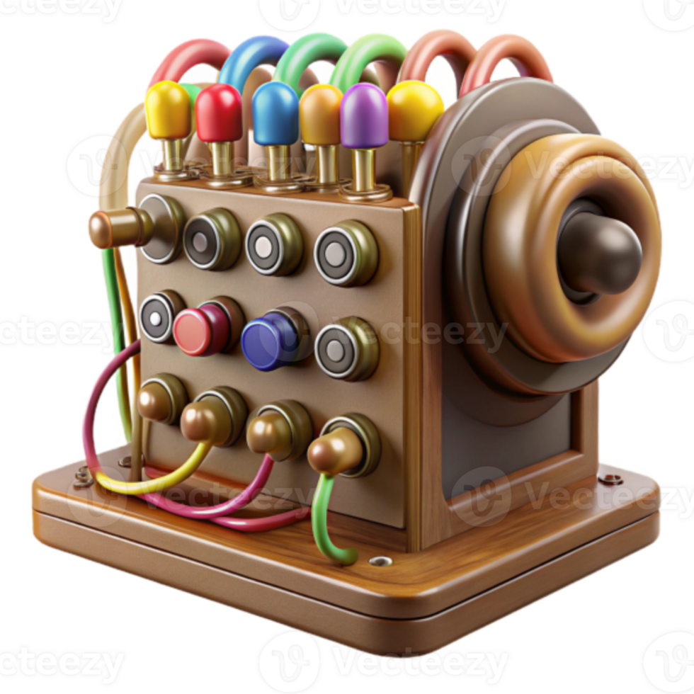 Whimsical Wooden 3D Render of a Retro Control Panel with Colorful Wires and Buttons png