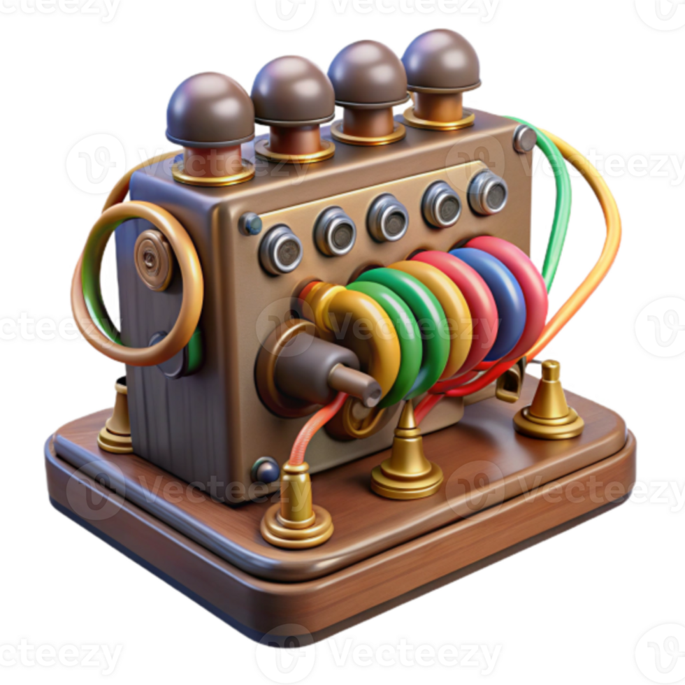 Whimsical 3D Render of Retro Steampunk Gadget with Colorful Wires png