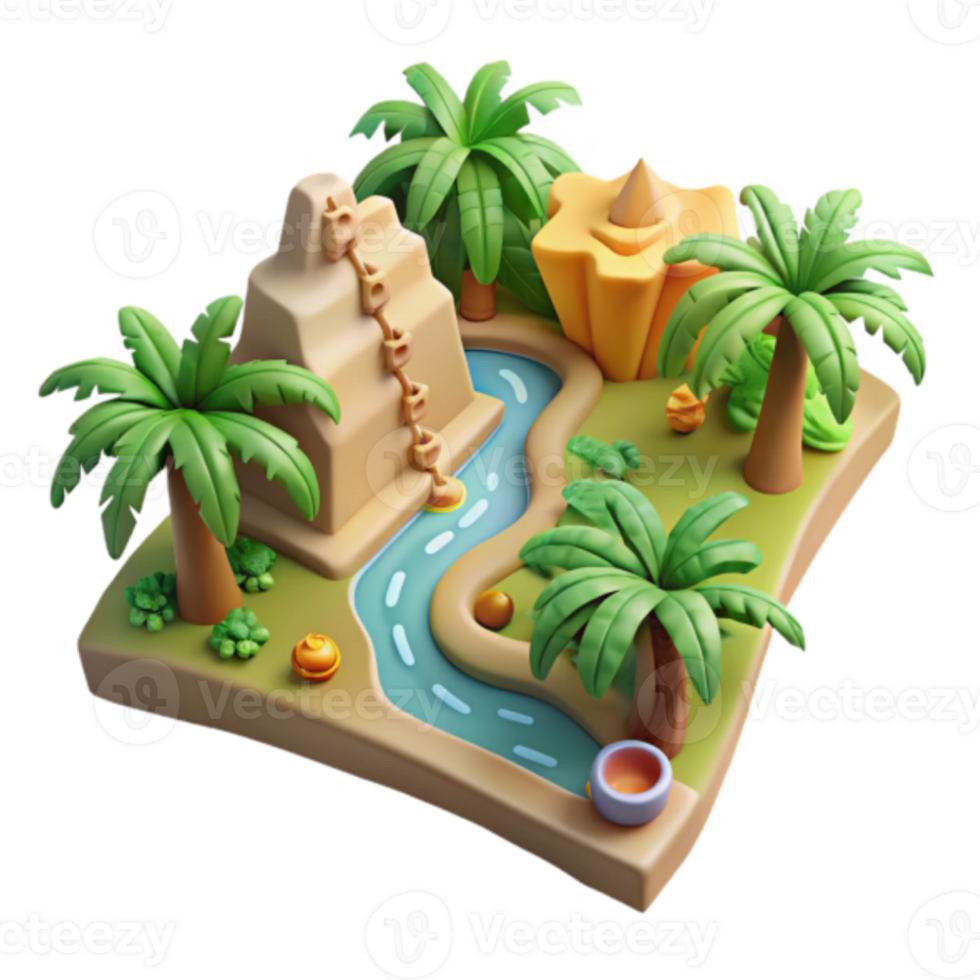 3D Stylized Oasis Illustration Palm Trees Pyramid River Landscape Game Asset png