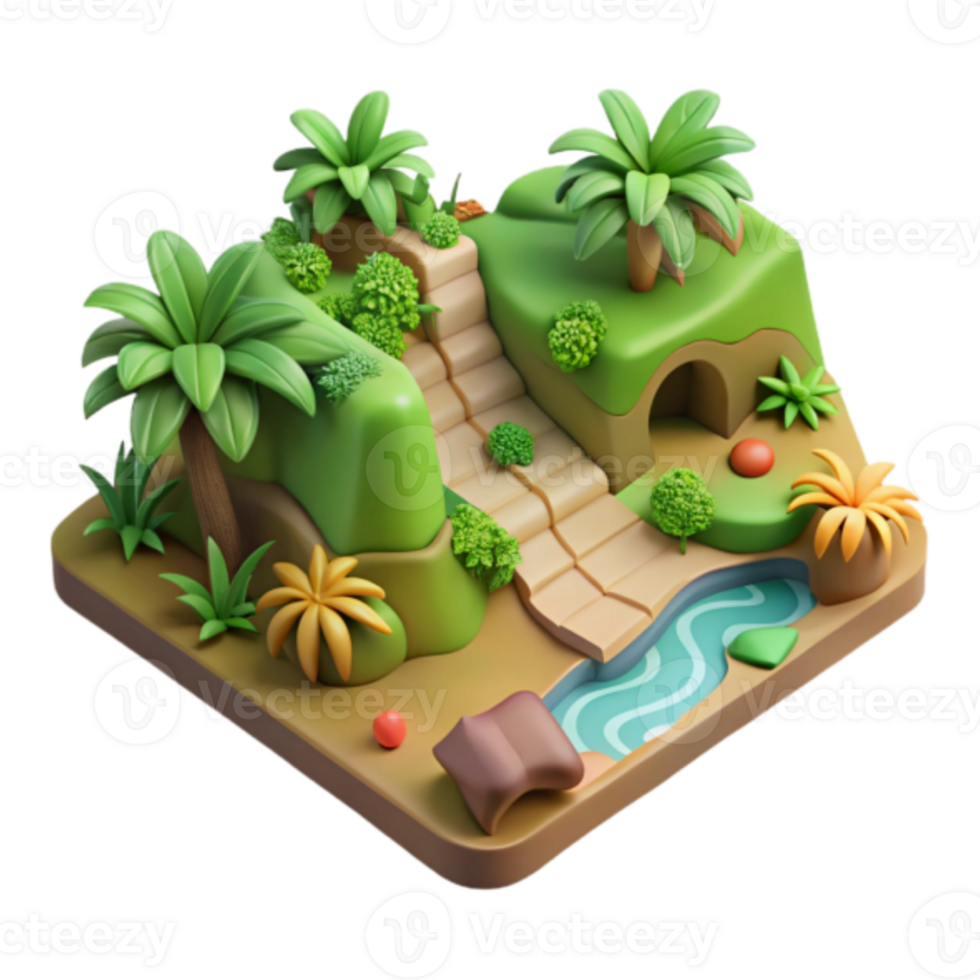 3D Cartoon Island Paradise Illustration Lush Tropical Plants Winding Path Cave Steps png