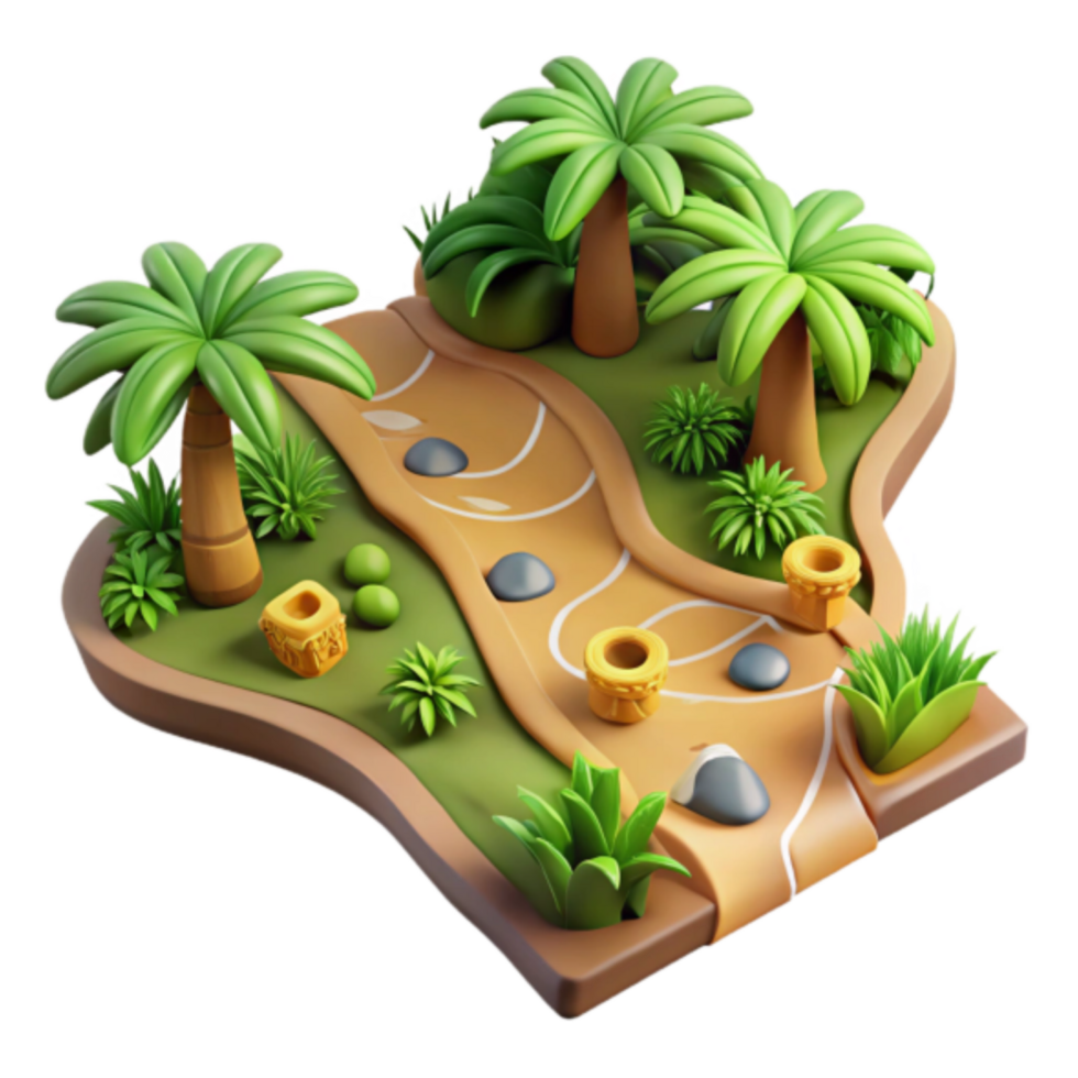3D Render Island Oasis Path Palm Trees Lush Greenery Game Asset png