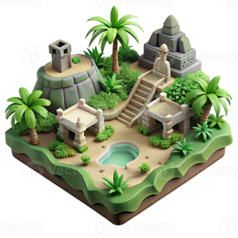 Tropical Island Oasis 3D Render Lush Vegetation Ancient Ruins Game Asset png