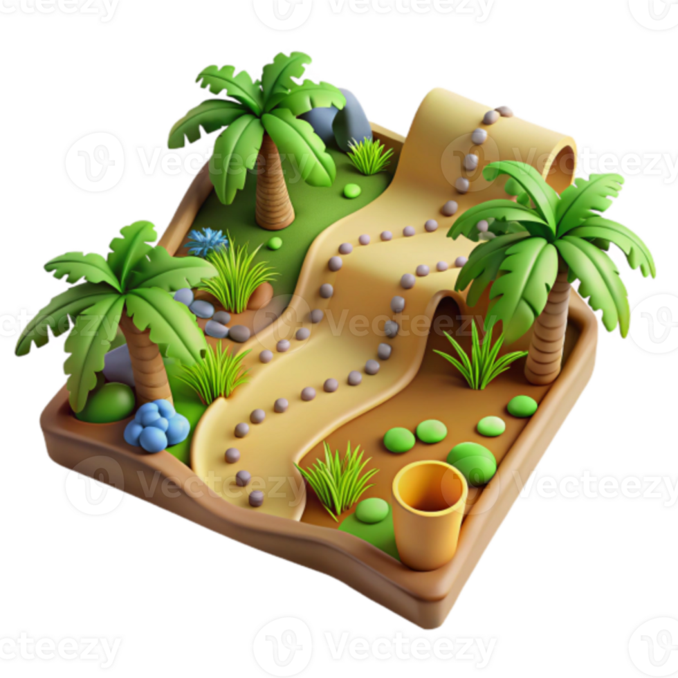 3D Render Tropical Island Path Illustration, Winding Sandy Road, Palm Trees, Lush Greenery, Cartoon Style png