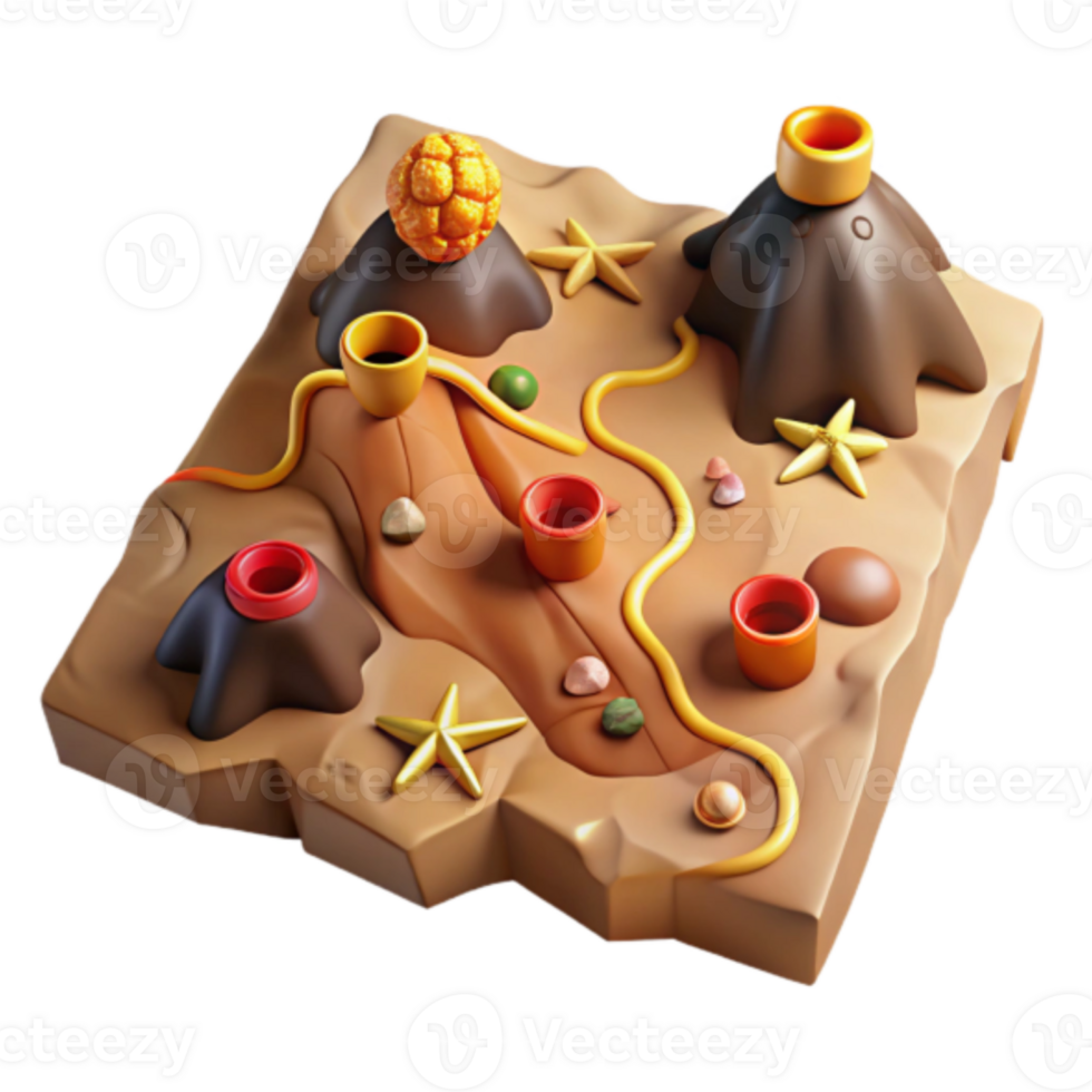 Whimsical 3D Render of a Fantasy Island Landscape with Volcanoes and Starfish png