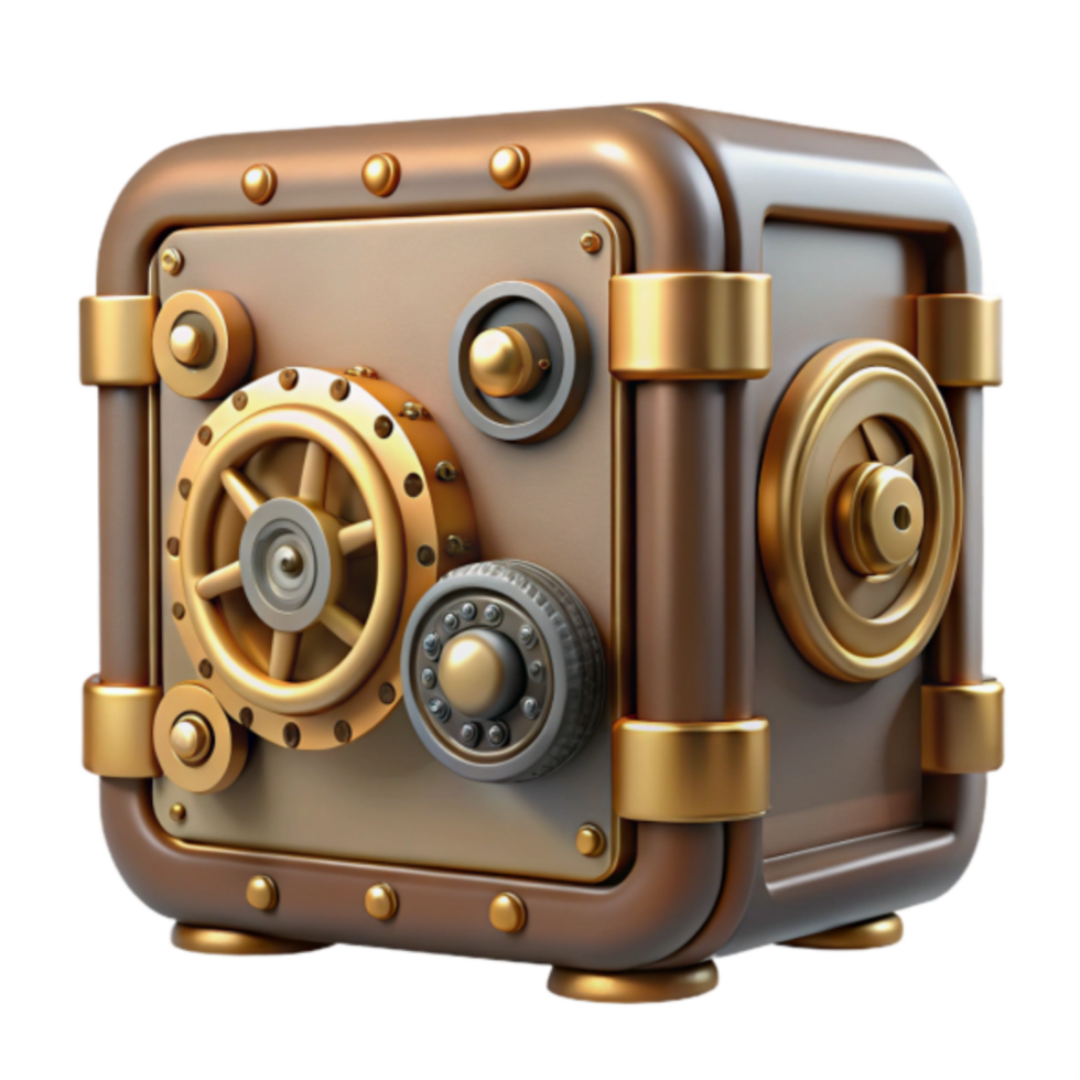 Steampunk Safe 3D Render Illustration Gold and Brown Metal Gear Safe Box png