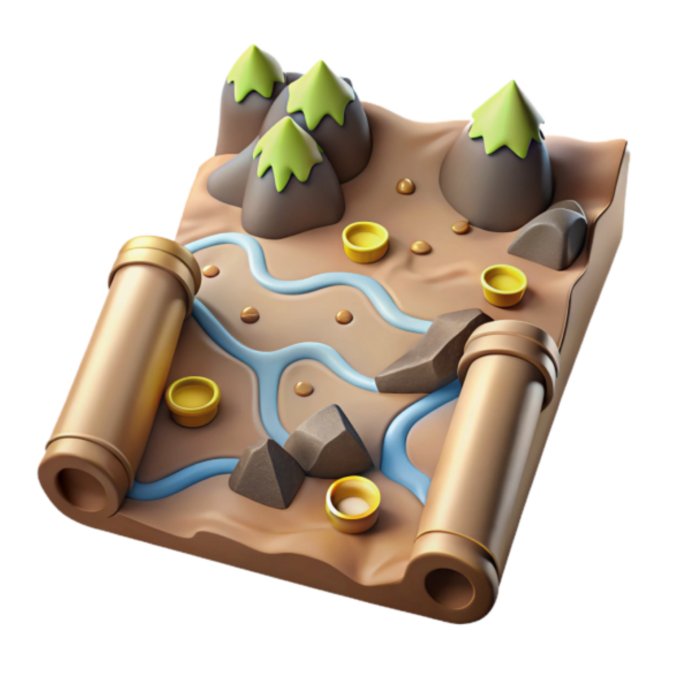 3D Cartoon Treasure Map Illustration Gold, River, Mountains, Adventure png