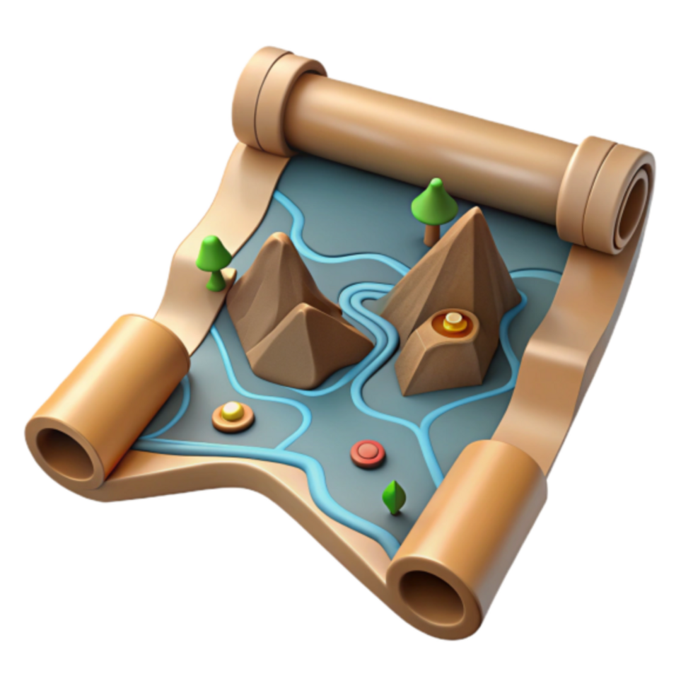 3D Cartoon Scroll Map Illustration Adventure Awaits on this Stylized Treasure Map Graphic png