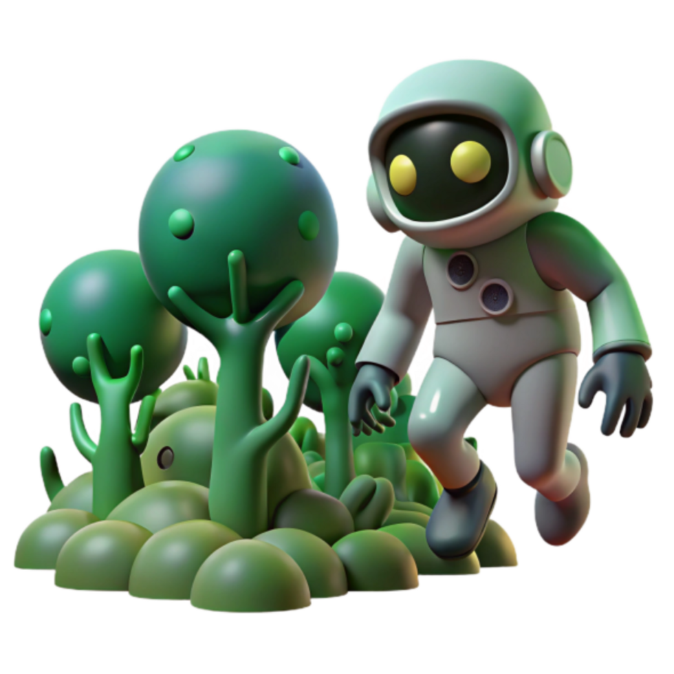3D Illustration Astronaut Exploring Alien Flora, Green Planet, Cartoon Robot, Futuristic Landscape, Space Exploration, Sci-Fi Adventure, Digital Art, Fantasy World, 3D Render, Surreal Scene png