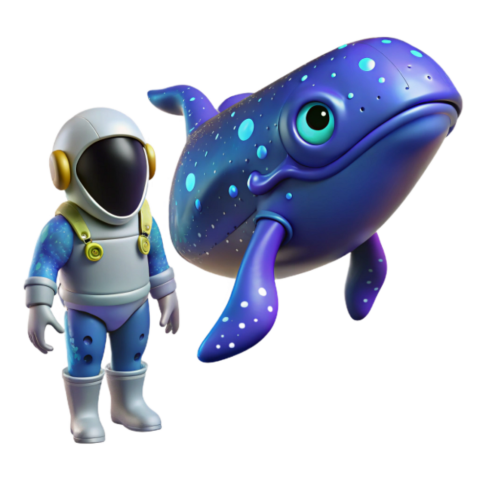 3D Render Astronaut and Whale Space Explorers in Cosmic Galaxy png