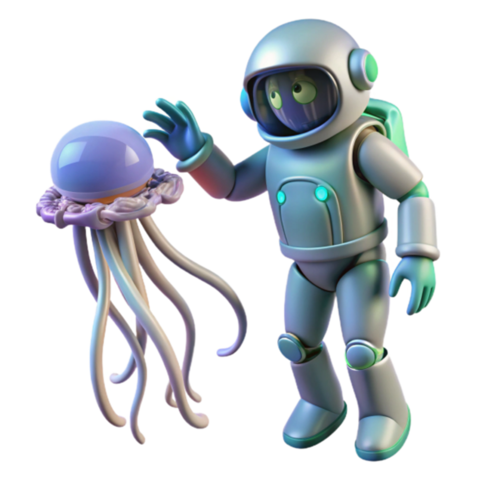 3D Render Astronaut and Jellyfish Underwater Adventure Illustration png