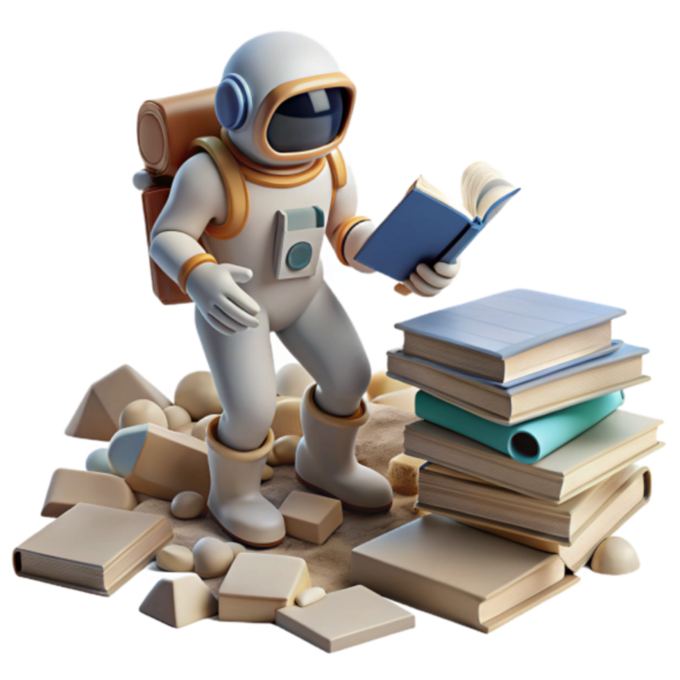 3D Astronaut Reading Book Amidst Stack of Books on Moon Surface Illustration png