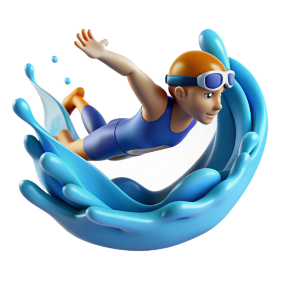 3D Illustration of Swimmer in Dynamic Pose, Water Splash Background png