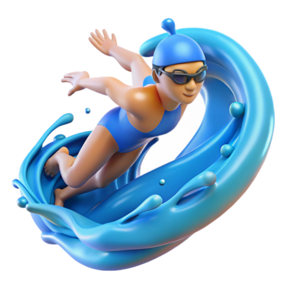 3D Illustration of Swimmer in Dynamic Pose, Blue Water Splash Background png