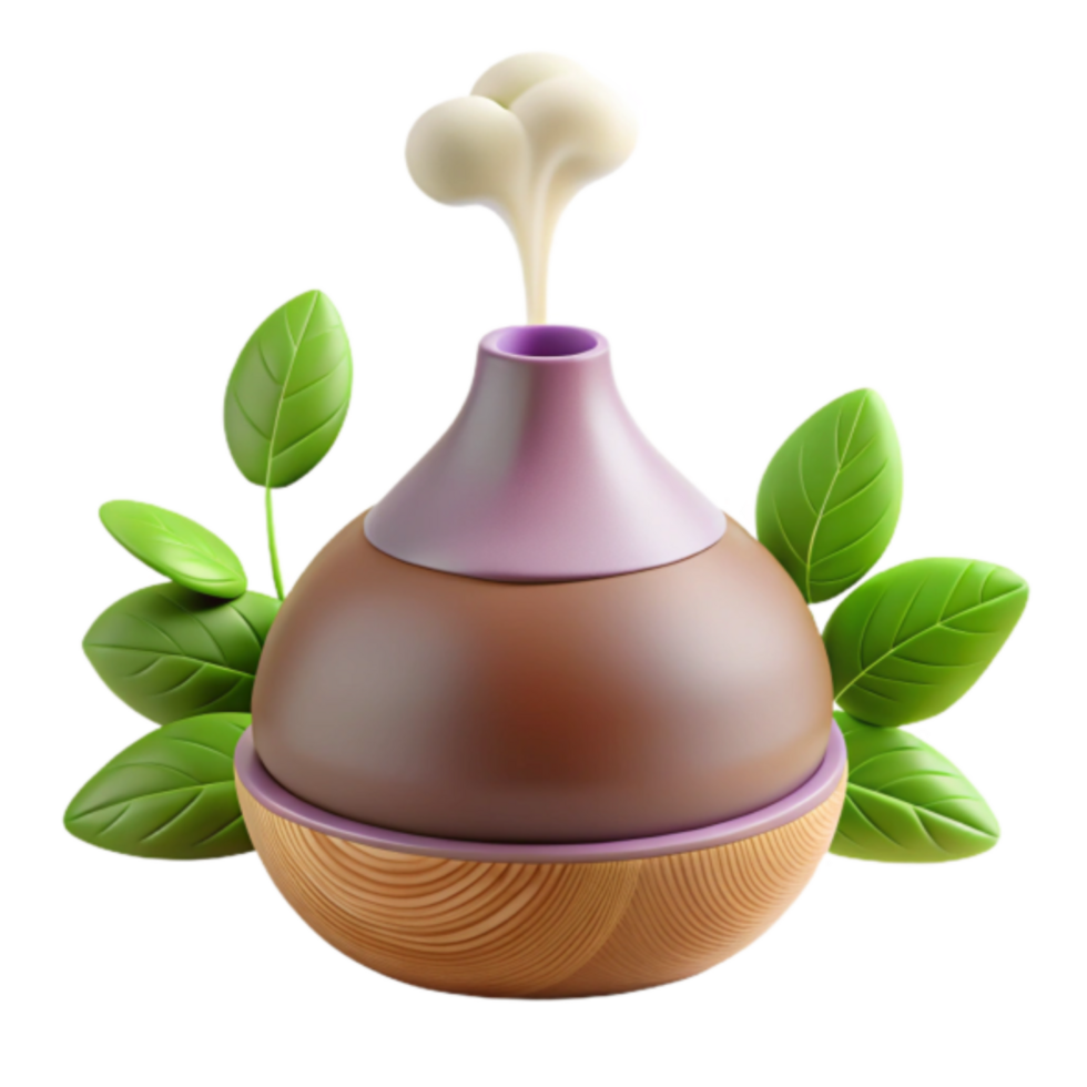 3D Illustration of Aroma Diffuser with Wooden Base and Green Leaves png