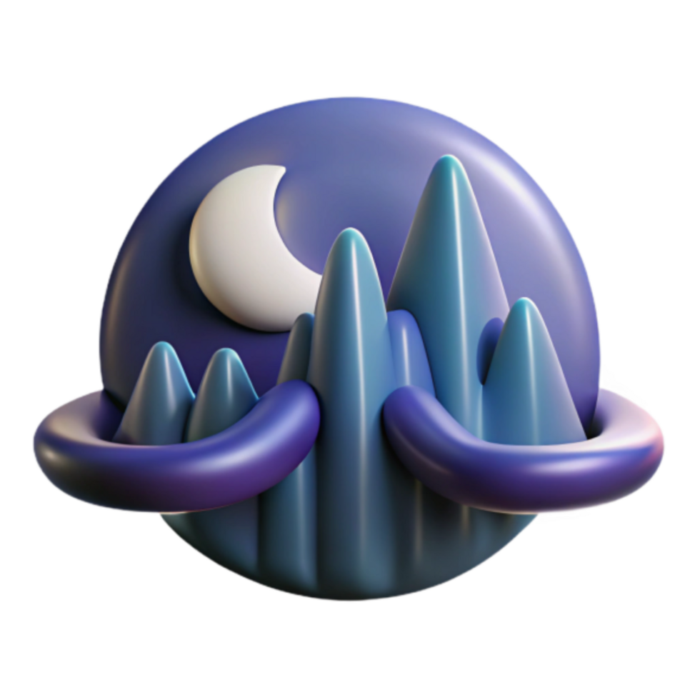 3D Render Night Mountain Scene Illustration Crescent Moon Abstract Background png