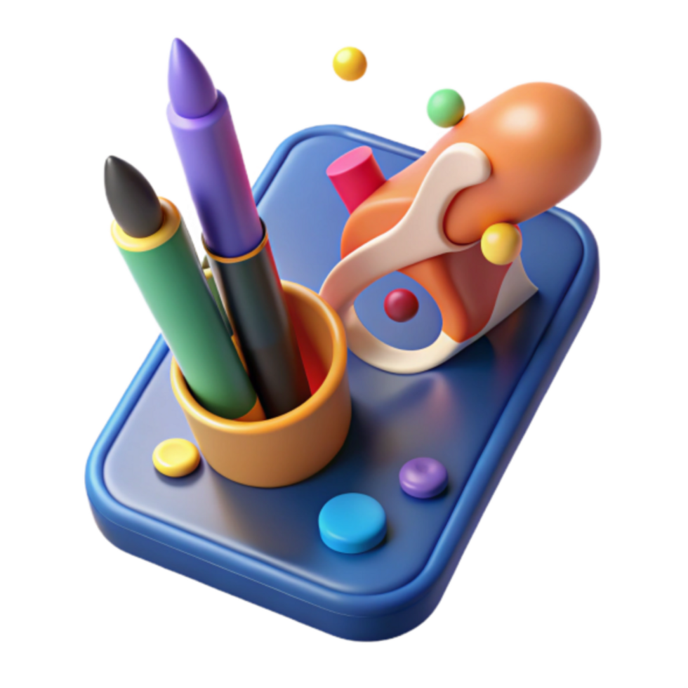 Vibrant 3D Render of Colorful Pen Holder and Abstract Design Elements png