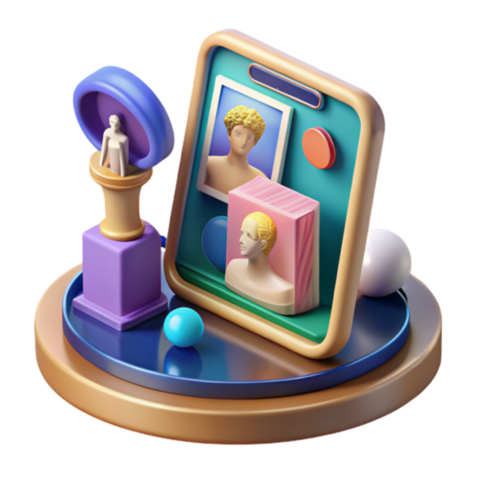 3D Render of Classical Sculptures Displayed on a Smartphone Screen, Colorful Abstract Background png