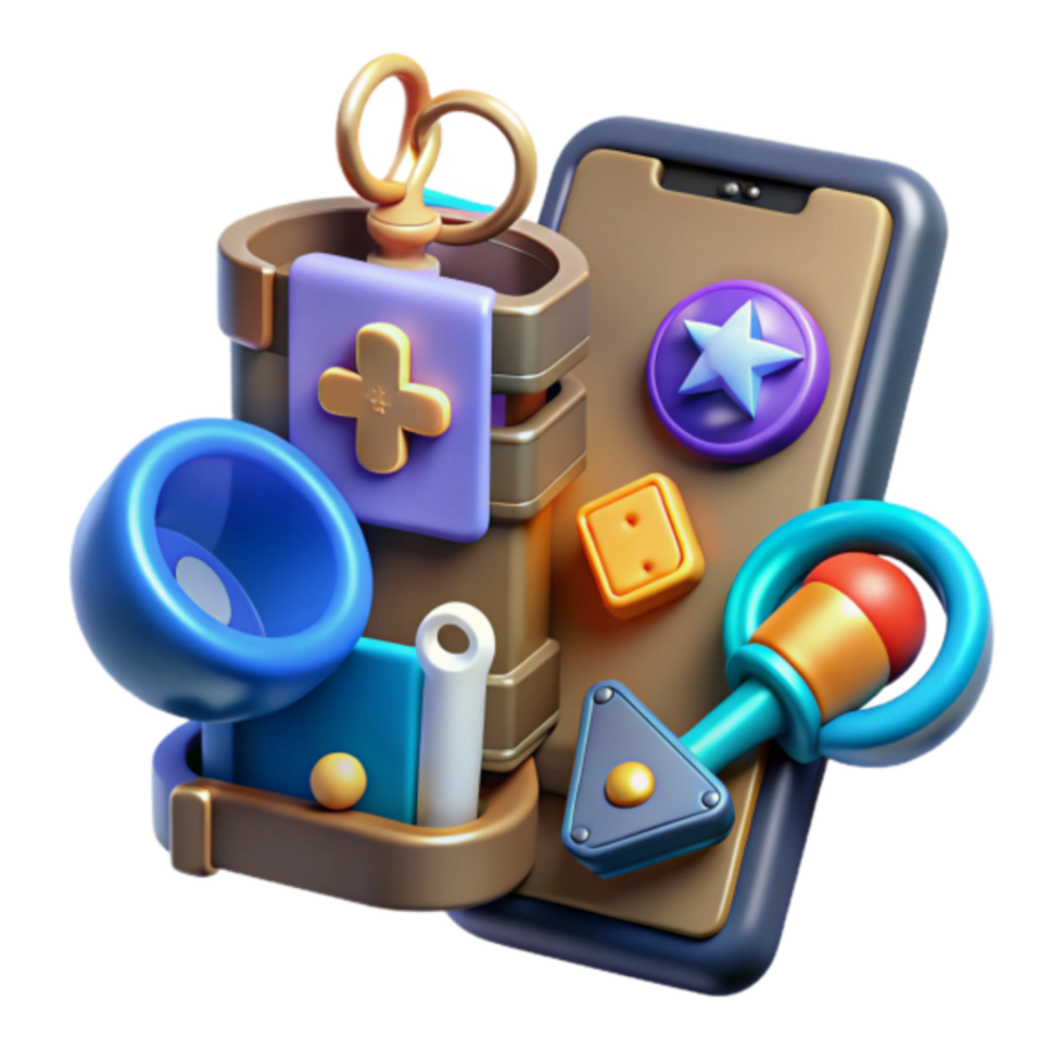 3D Render of Playful Mobile App Icon Design with Colorful Toys and Buttons png