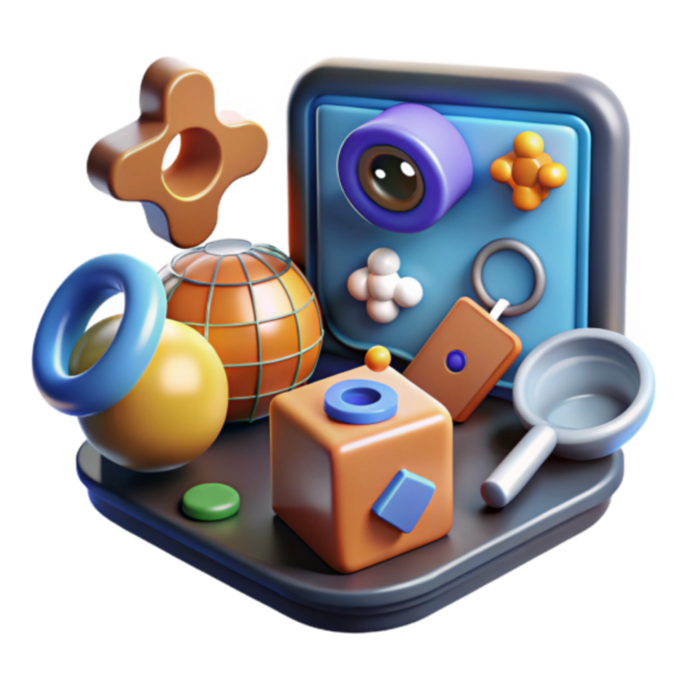 Vibrant 3D Render of Playful Geometric Shapes and Objects png