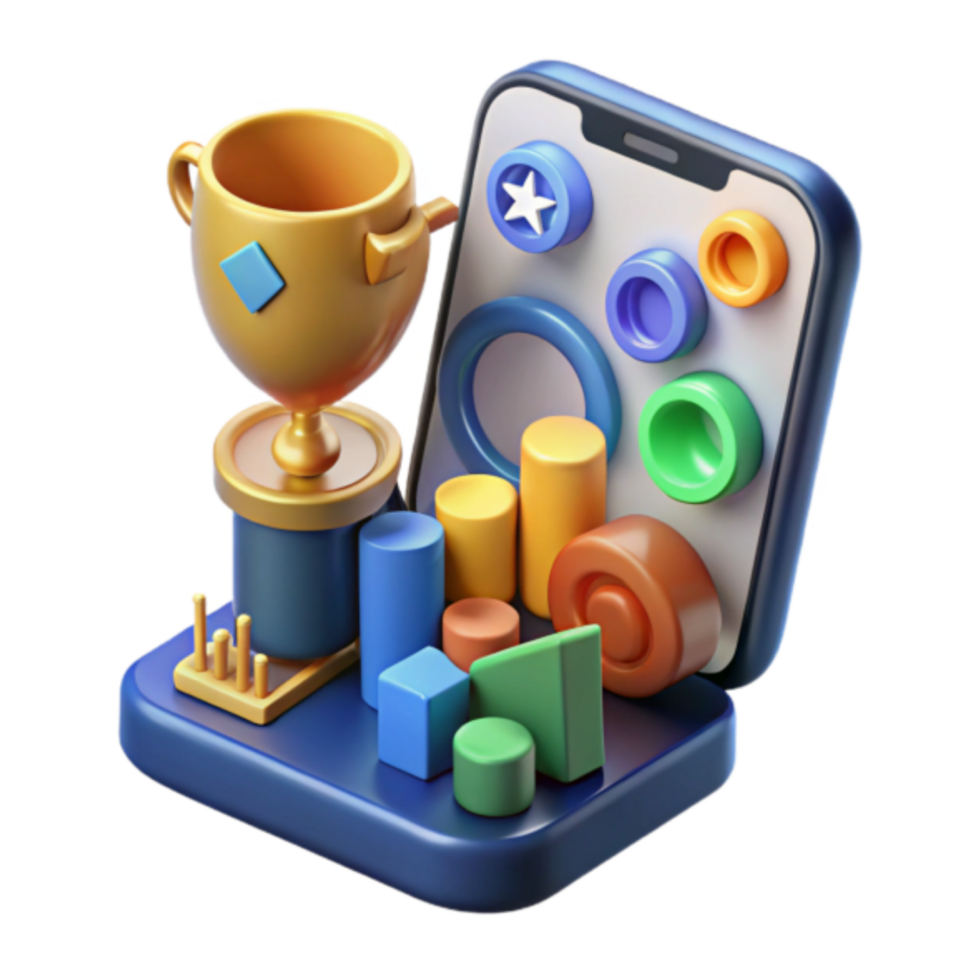 3D Illustration of Trophy with Colorful Geometric Shapes and Mobile App Interface png