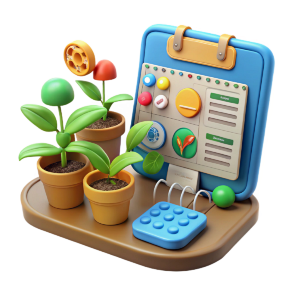 3D Render of Smart Gardening System with Potted Plants and Control Panel Illustration png