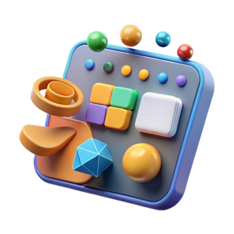 Vibrant 3D Render of Abstract Geometric Shapes and Colorful Buttons png