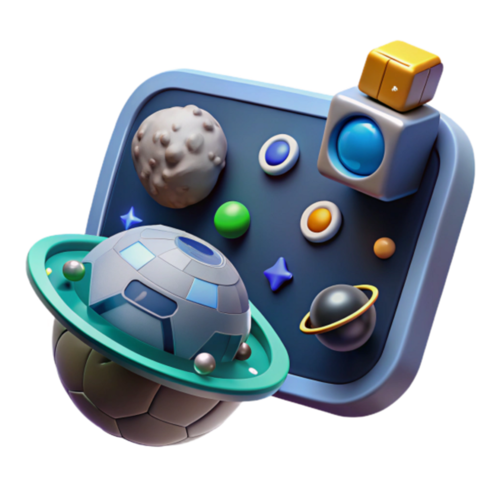 3D Render of Futuristic Space Scene with Planets and UI Elements png