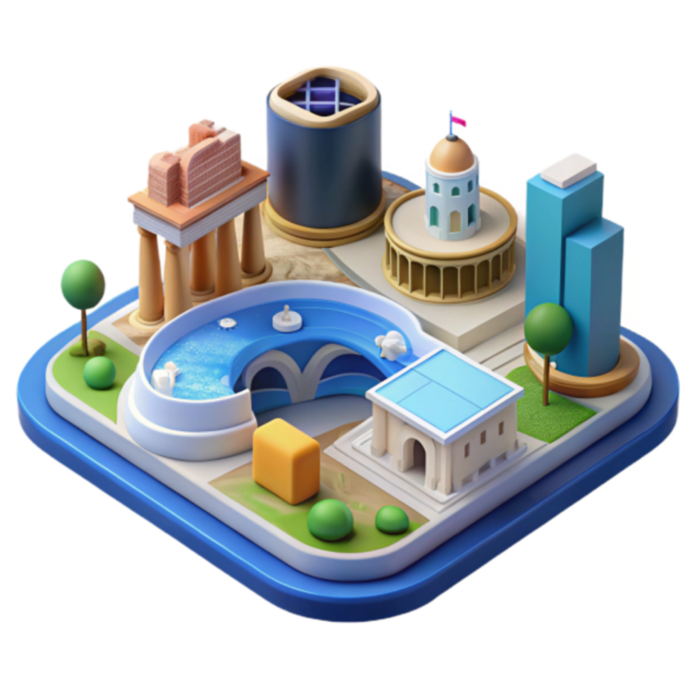 Isometric 3D Cityscape Illustration Diverse Architecture Styles png