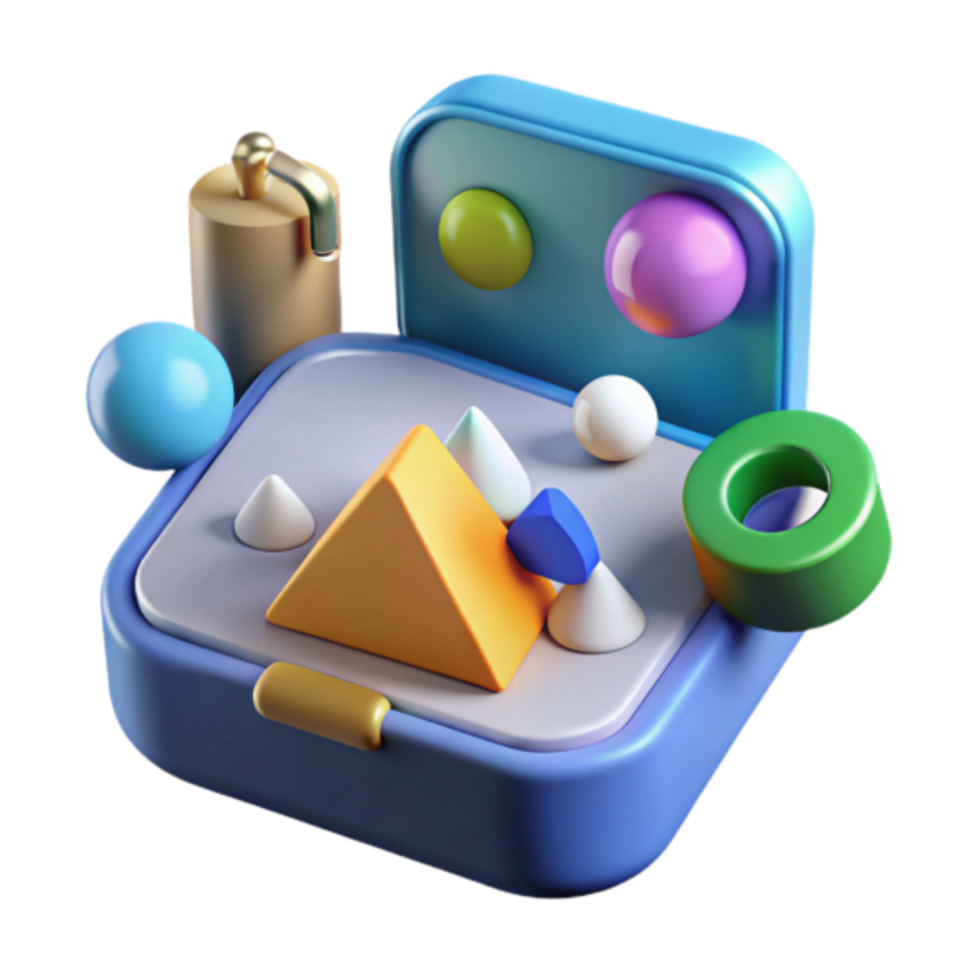 Vibrant 3D Render of Geometric Shapes in a Box png